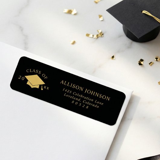 Black Gold Graduation Cap Return Address ラベル