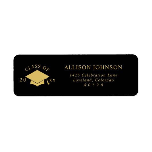 Black Gold Graduation Cap Return Address ラベル (正面)