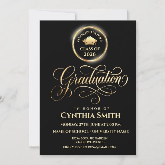 Black & Gold Graduation Invitation | Class of 2026 招待状 (正面)