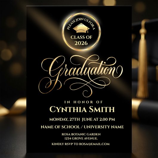 Black & Gold Graduation Invitation | Class of 2026 招待状