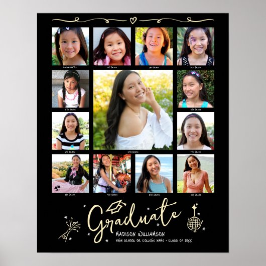 Black Gold Graduation K–12 Photo Collage Doodles ポスター (正面)