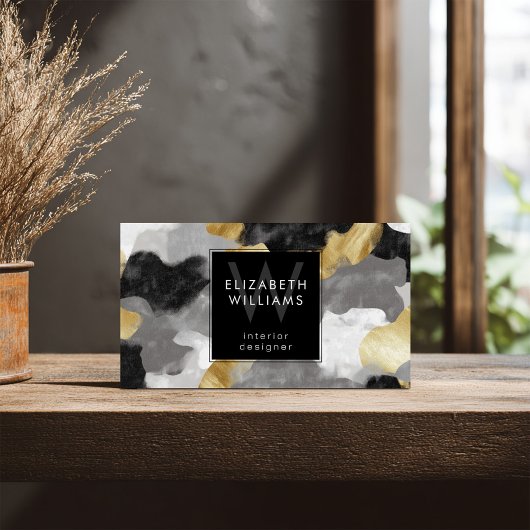 Black Gold Gray Monogram Modern Business Card