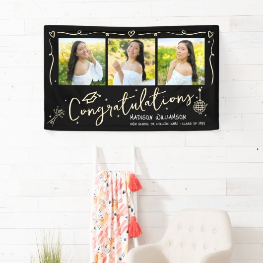 Black Gold Hand Drawn Doodles Graduation 3 Photo 横断幕 (インサイチュ)