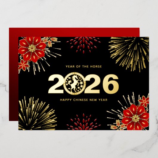 Black Gold Happy Chinese New Year of the Horse 箔シーズンカード (正面/裏面)