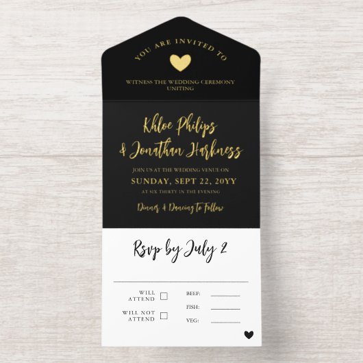 Black Gold Heart Brush Script Informal Wedding オールインワン招待状 (内側)