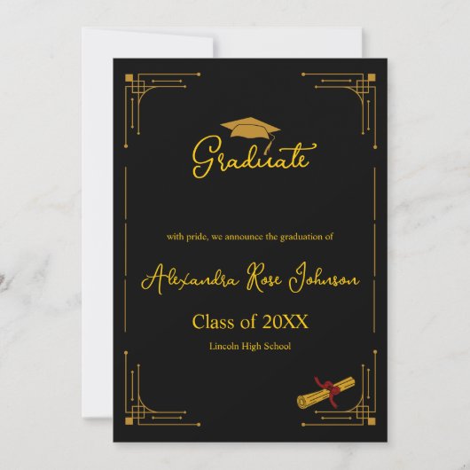 Black & Gold High School Graduation Announcement 招待状 (正面)