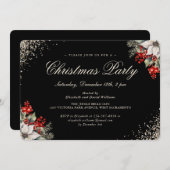 Black Gold Holly Berries Christmas Holiday Party 招待状 (正面/裏面)