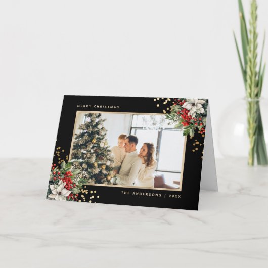 Black Gold Holly Berries Poinsettia Photo シーズンカード (正面)