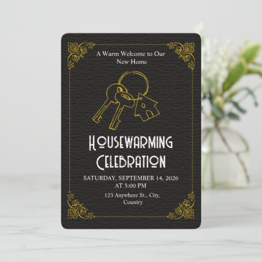 Black Gold Housewarming Invitation Editable 招待状 (スタンド正面)