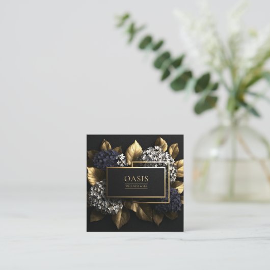 Black Gold Hydrangea Floral Geometric Modern スクエア名刺 (スタンド正面)