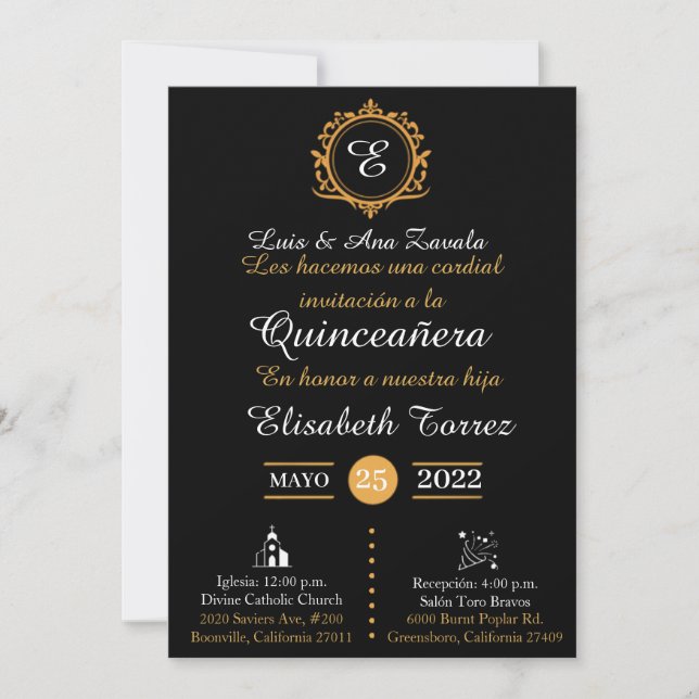 Black gold invitations for quinceañera elegante  (正面)