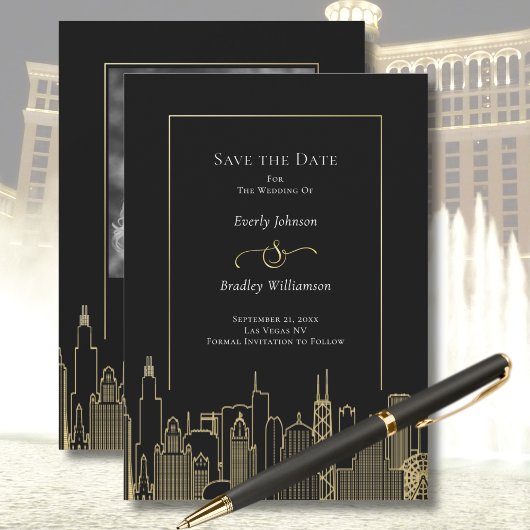 Black Gold Las Vegas Skyline Elegant Save the Date 招待状