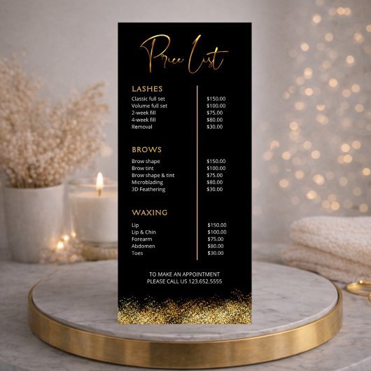 Black & Gold Lash Tech Price List | Luxury Beauty  ラックカード