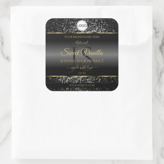 Black Gold Logo Initials Glitter Product Labels スクエアシール (バッグ)