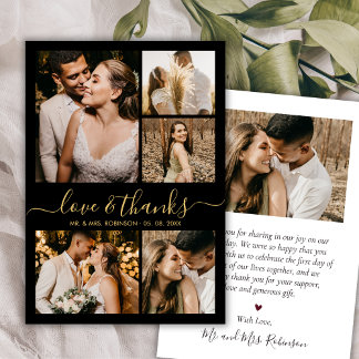 Black Gold Love and Thanks Photo Collage Wedding サンキューカード