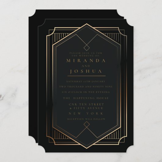 Black Gold Luxury Elegant Art Deco Wedding 招待状 (正面/裏面)