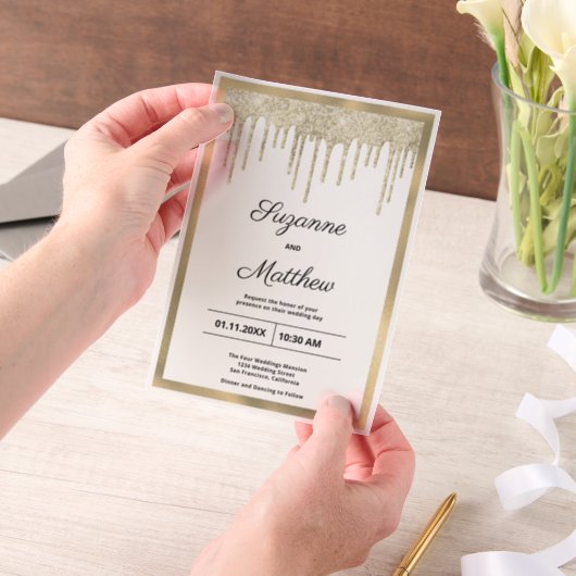 Black gold luxury glitter drips Wedding ベラム紙招待状 (ポータブル)