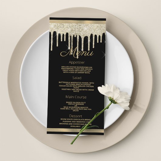 Black gold luxury glitter drips Wedding Menu プログラム