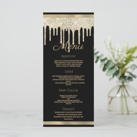Black gold luxury glitter drips Wedding Menu プログラム (スタンド正面)