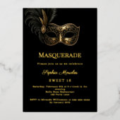 Black gold luxury Masquerade party Sweet 16 箔招待状 (正面)