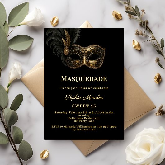 Black gold luxury Masquerade party Sweet 16 箔招待状
