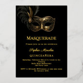 Black gold luxury Masquerade Quinceanera 箔招待状 (正面)