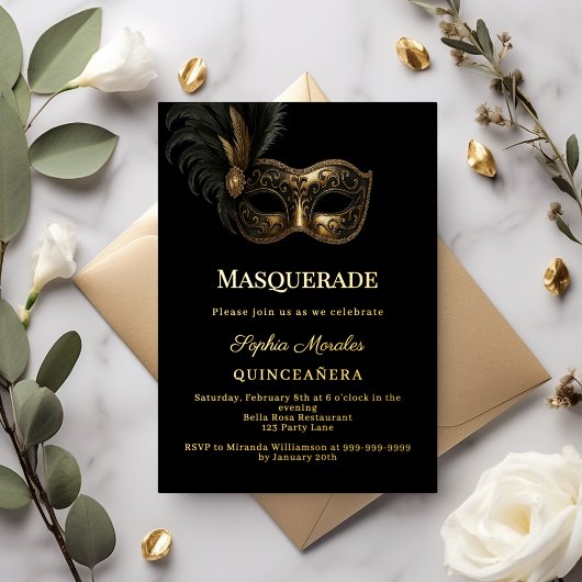 Black gold luxury Masquerade Quinceanera 箔招待状
