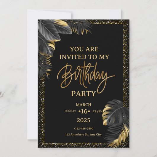 Black Gold Luxury Tropical Leaf Happy Birthday  招待状 (正面)