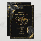 Black Gold Luxury Tropical Leaf Happy Birthday  招待状 (正面/裏面)