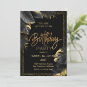 Black Gold Luxury Tropical Leaf Happy Birthday 招待状 (スタンド正面)