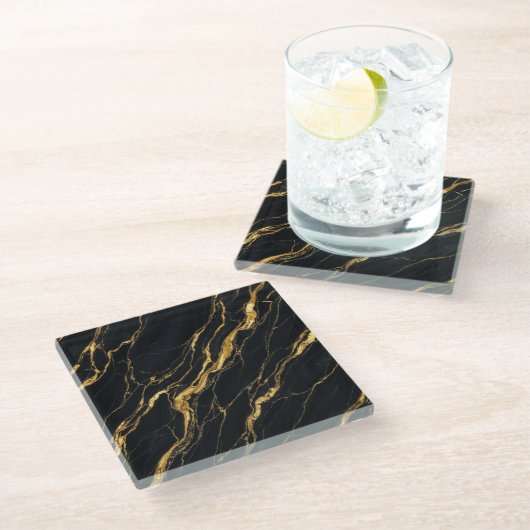 Black Gold Marble Elegant Drink Table Decor ガラスコースター (アングル)