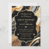 Black Gold Marble Glitter Elegant Wedding 招待状 (正面)