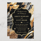 Black Gold Marble Glitter Elegant Wedding 招待状 (正面/裏面)