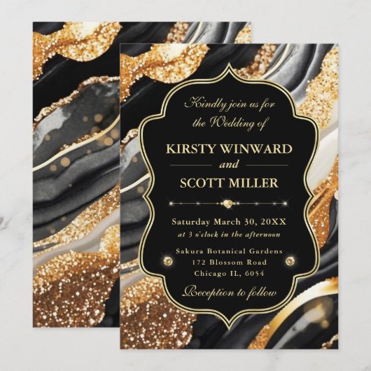 Black Gold Marble Glitter Elegant Wedding 招待状 (正面/裏面)