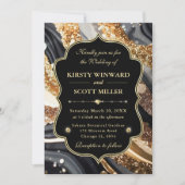 Black Gold Marble Glitter Elegant Wedding 招待状 (正面)