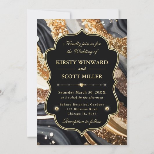 Black Gold Marble Glitter Elegant Wedding 招待状 (正面)