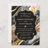 Black Gold Marble Glitter Elegant Wedding 招待状 (正面)