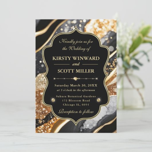Black Gold Marble Glitter Elegant Wedding 招待状 (スタンド正面)