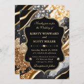 Black Gold Marble Glitter Elegant Wedding 招待状 (正面/裏面)