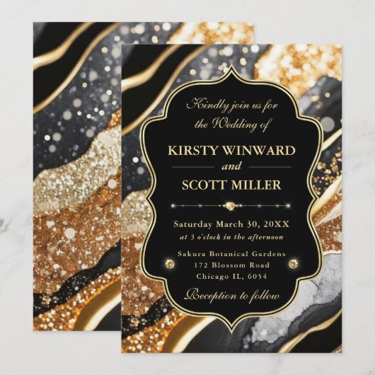 Black Gold Marble Glitter Elegant Wedding 招待状 (正面/裏面)