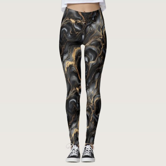 Black Gold Marble Luxury Abstract Pattern レギンス (正面)