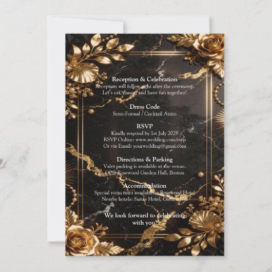 Black Gold Marble Wedding Invitation 招待状 (裏面)