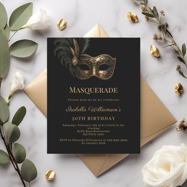 Black gold Masquerade birthday party invitation (クリエイターアップロード済み)