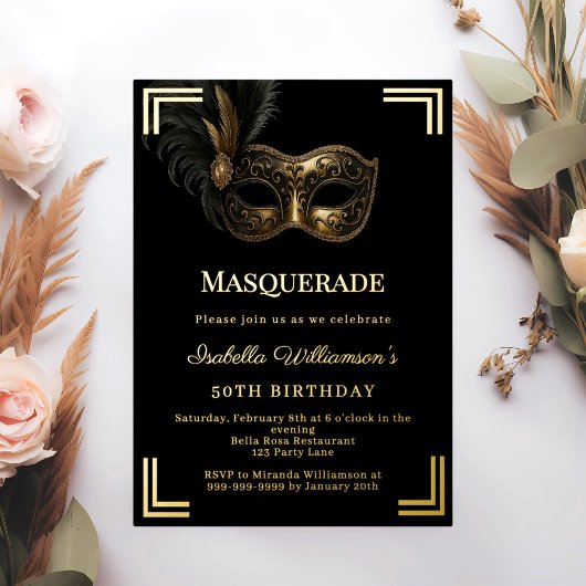 Black gold Masquerade luxury birthday party 箔招待状