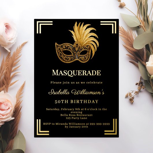 Black gold Masquerade luxury birthday party 箔招待状