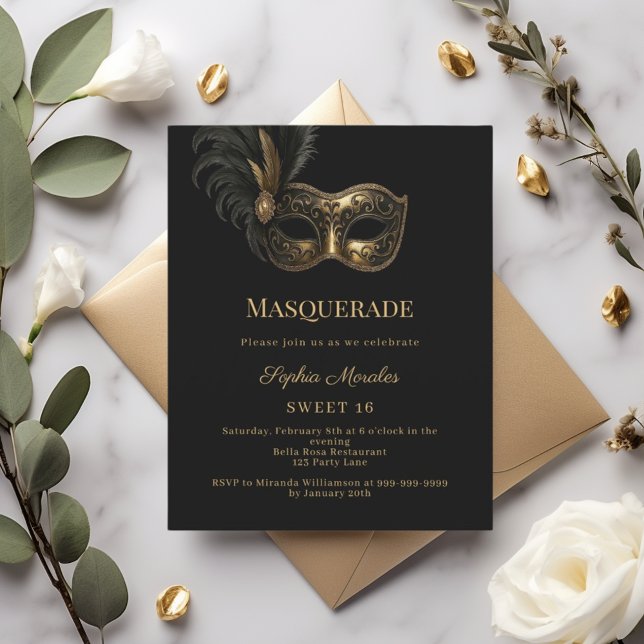 Black gold Masquerade party Sweet 16 invitation (クリエイターアップロード済み)