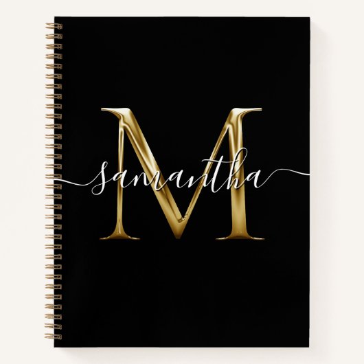 Black Gold Metallic Girly Signature M Monogram ノートブック (正面)