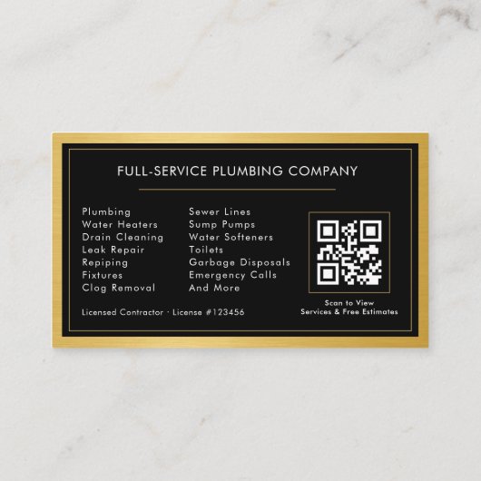 Black Gold Metallic Plumber Contractor QR Code  名刺 (裏面)
