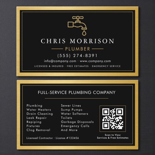 Black Gold Metallic Plumber Contractor QR Code  名刺