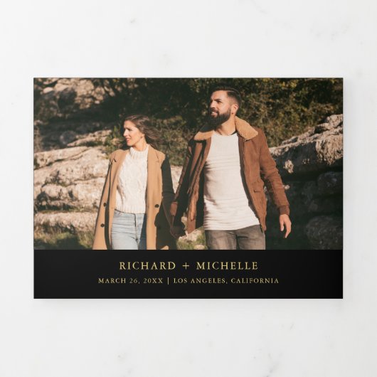 Black Gold Minimal Arch Photo QR code Wedding 三つ折り招待状 (カバー)